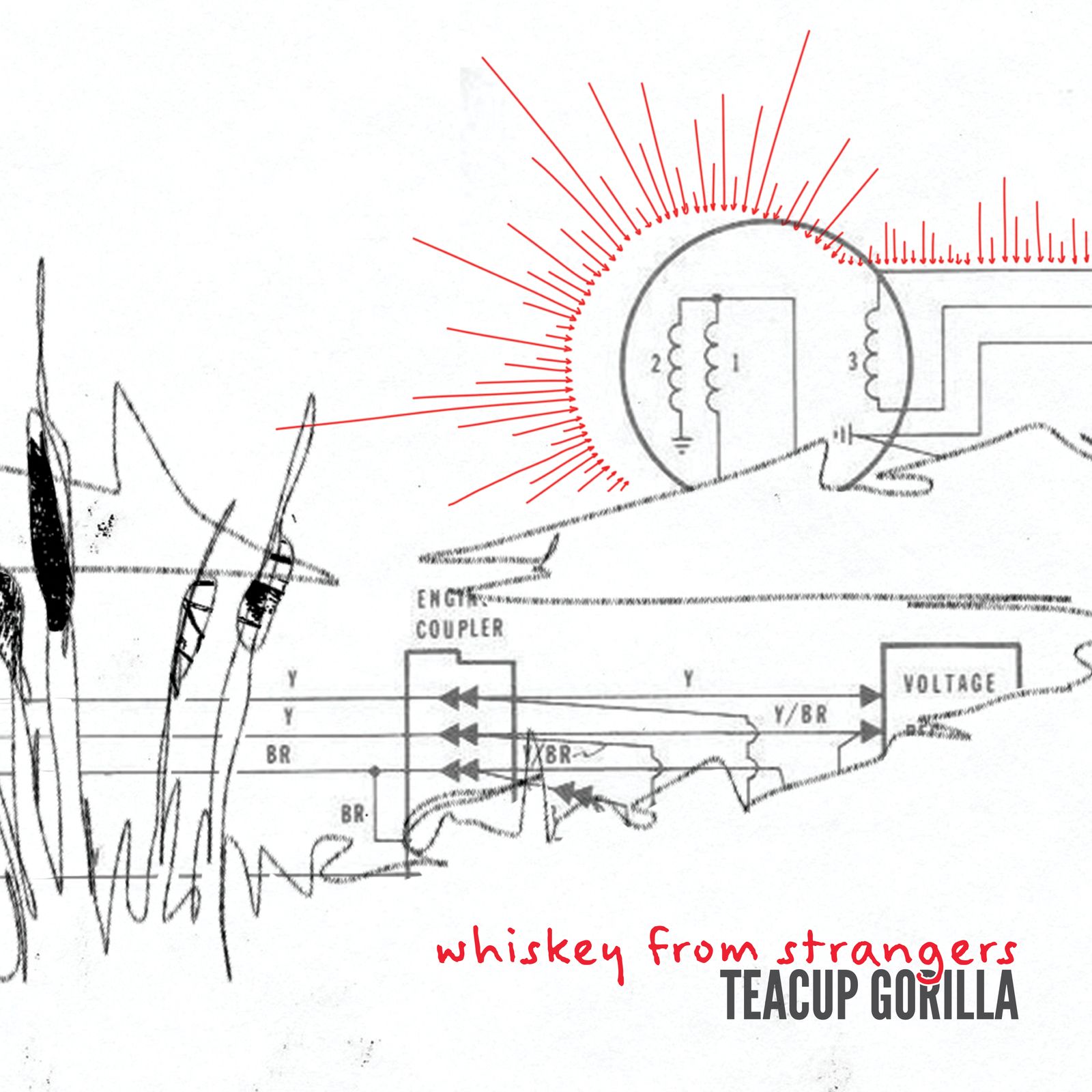 Album cover: A pond with cattail reeds and mountains, sketched in a single pencil line, with an electrical diagram sun reflecting in the water - small red arrows form rays pointing in at the sun
