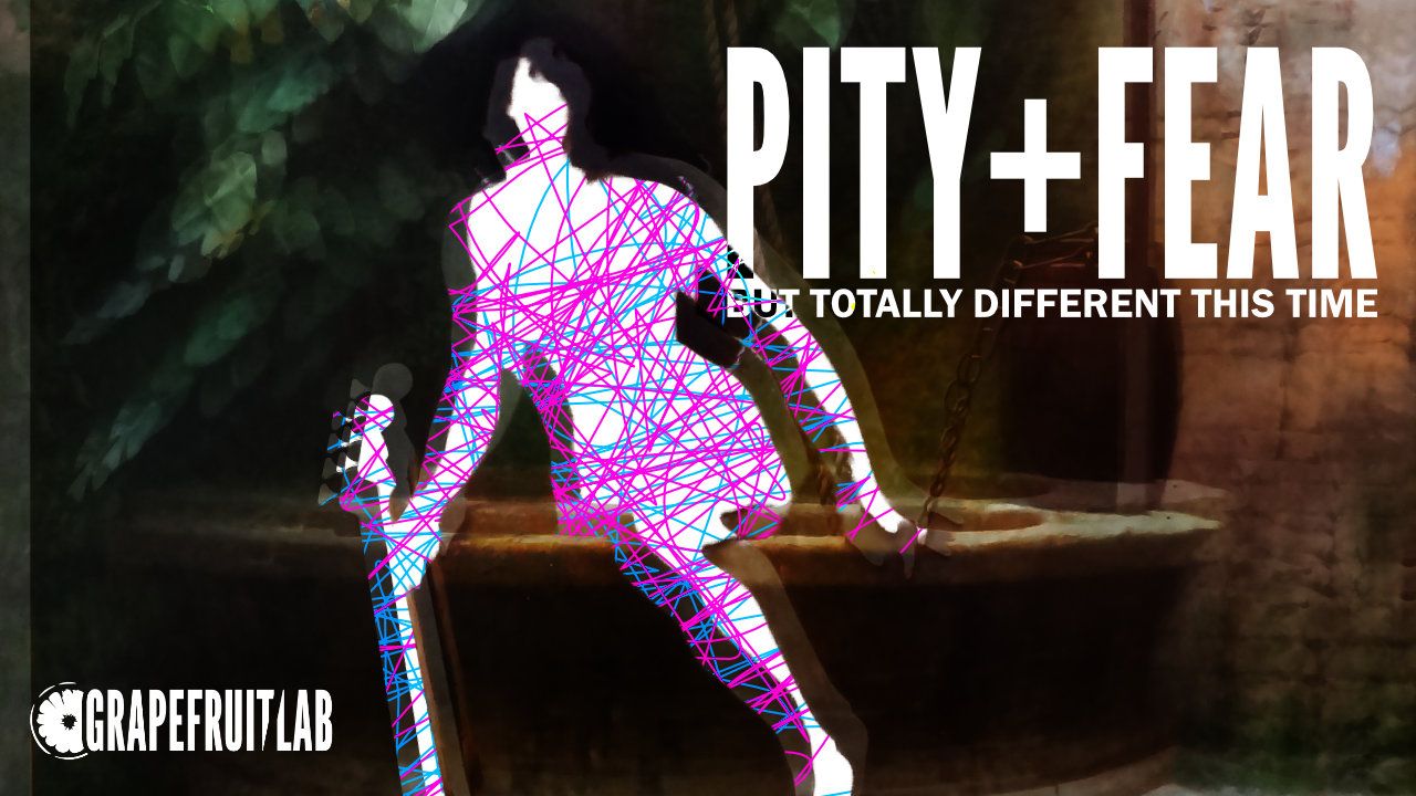 Digitally distorted painting of truth emerging from her well with a whip, but she's been deleted to reveal blue and pink scribbles, and instead of a whip she has a bass guitar.